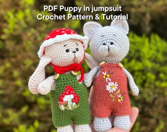 Amigurumi Puppy in Jumpsuit Crochet Pattern with embroidery  English PDF Instant Download