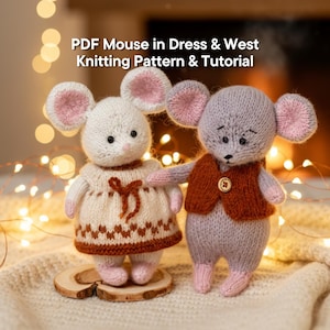 Könnte beinhalten: Zwei gestrickte Mauspuppen. Eine ist weiß mit einem Kleid, die andere grau mit einer Weste. Beide haben rosa Ohren und Füße. Der Text auf dem Bild lautet "PDF Mouse in Dress & West Knitting Pattern & Tutorial".