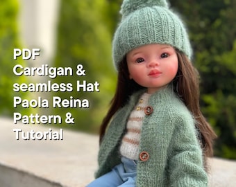 Tutorial PDF per lavorare a maglia un cardigan e un cappello per la bambola Paola Reina (12"/32 cm) eng