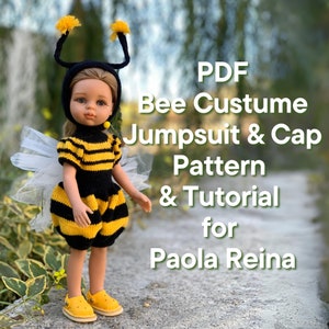 PDF Knitting Pattern Tutorial Bee Costume Jumpsuit with Cap for Paola Reina doll (13&quot;/32 cm) eng