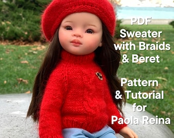 Sweater & Beret for Paola Reina KNIT PATTERN and Tutorial Christmas for Boneka 12-13 inch doll, Ruby Red Siblies, Les Cheries 32 cm PDF, eng