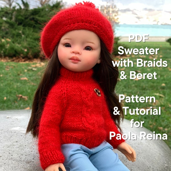 Sweater & Beret for Paola Reina KNIT PATTERN and Tutorial Christmas for Boneka 12-13 inch doll, Ruby Red Siblies, Les Cheries 32 cm PDF, eng