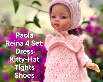 Paola Reina Doll 4 ITEMS Set: Exclusive Handmade Outfit - Dress, Tights, Shoes, Kitty-hat