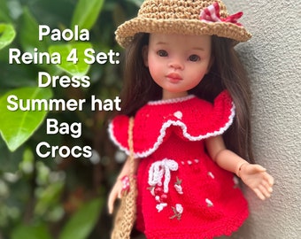 Paola Reina Doll 4 ITEMS Set: Exclusive Handmade Outfit - Dress, Summer hat, Bag, Crocs