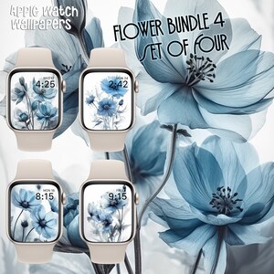 Apple Watch Wallpaper Flower Bundle 4, set of four, Blue color Flower, Flower Watch Face