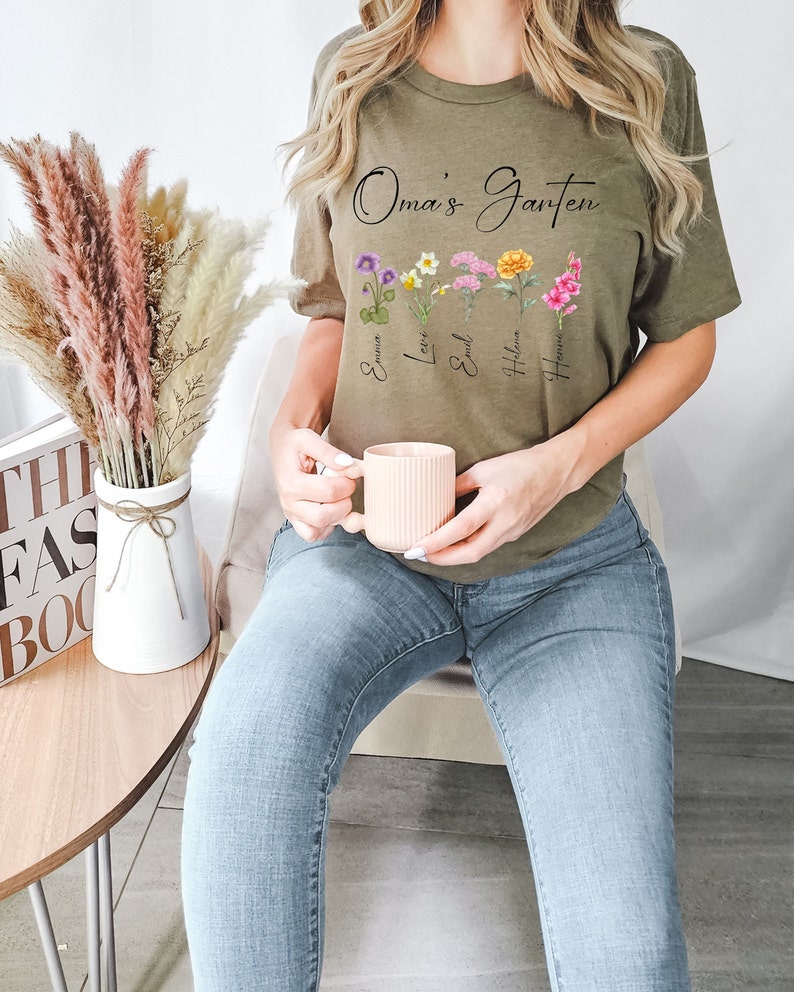 Grandma's Garden Shirt, Custom Birthflower T Shirt, Gift for Grandma, Love Grows Here, Personalized Grandma Shirt, Grandma's Garden, Grandma Heather Olive