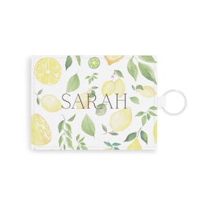 Personalized Saffiano Leather Card Holder, Lemon Print Wallet with Name, Custom Slim ID Holder, Cute Gift, Summer Travel Accessory