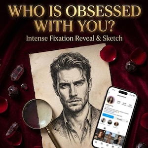 Op de afbeelding: Afbeelding met de tekst "WHO IS OBSESSED WITH YOU?" en "Intense Fixation Reveal & Sketch". Het toont een potloodschets van een man, een vergrootglas en een smartphone met een social media profiel, alles op een donkerrode achtergrond.