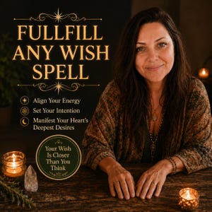 May include: A digital graphic featuring the text FULLFILL ANY WISH SPELL, Align Your Energy, Set Your Intention, Manifest Your Heart's Deepest Desires, and a circular badge stating Your Wish Is Closer Than You Think, alongside a person.