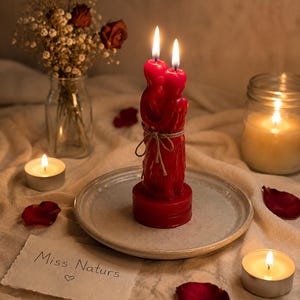 May include: A red pillar candle shaped like two figures embracing, tied with a thin twine bow, and topped with two lit wicks. The candle sits on a round plate next to a small paper card with the handwritten text Miss Naturs and a heart symbol.