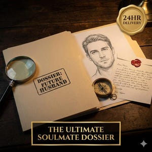 May include: A dossier labeled "DOSSIER: FUTURE HUSBAND" with a sketch of a man, a compass, and a letter sealed with wax. The text "THE ULTIMATE SOULMATE DOSSIER" is displayed below. A magnifying glass and a 24HR DELIVERY seal are also present.