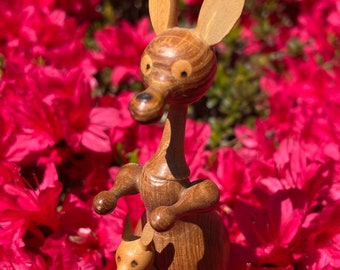 Danish teak mini 4" mama kangaroo and joey figurine