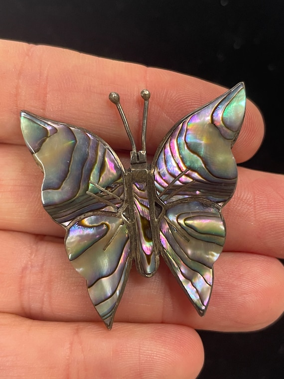 Vintage Abalone and sterling butterfly pin / brooc
