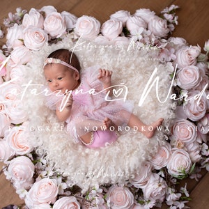 Digital backdrop, background newborn baby girl pink peach floral heart, white blanket, natural boards