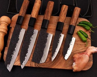 Custom hand forged chef set with leather cover, Best kitchen tools, Gift for men birthday, Best helloween gift, Christmas gift for her
