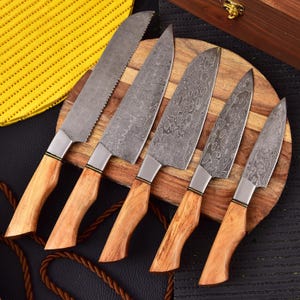 Personalisierte Damaszener Stahl Koch Set, Damaszener Stahl Koch Knifw Set für Weihnachtsgeschenk, Damaszener handgemachtes Küchenset für Halloween Geschenk