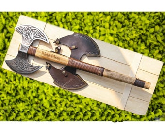 Double Blade Viking Axe Functional, Viking Double Sided Axe, Hand Forged Double bit Axe, Custom Made Ready Axe with Leather,  Gift For Him