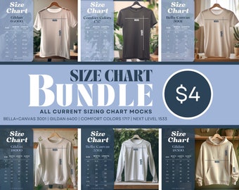 May include: A bundle of six size charts for different t-shirt brands, including Gildan, Bella + Canvas, and Comfort Colors. The charts show the width and length measurements for each size, from XS to 3XL. The bundle is priced at $4.
