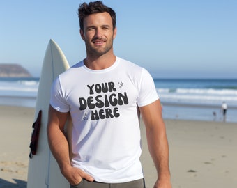 Mockup da spiaggia Bella Canvas 3001 da uomo / T-shirt bianca Gildan maschile / Mockup da spiaggia da uomo / Mockup di maglietta bianca modello maschile / Mock muscolare popolare