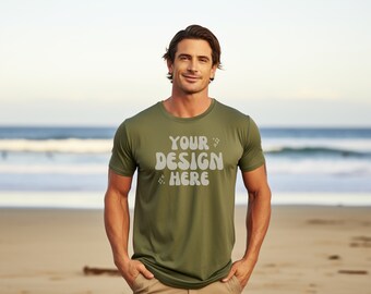 Mockup da spiaggia Bella Canvas 3001 da uomo / T-shirt verde oliva Gildan maschile / Mockup da spiaggia da uomo / Mockup di maglietta verde modello maschile / Mock estivo