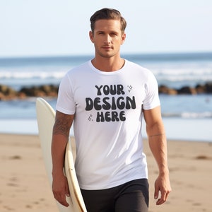 Men&#39;s Bella Canvas 3001 Beach Mockup | Male Gildan White T-Shirt | Mens Beach Mockup | Male Model White T Shirt Mockup | Summer Mens Mock Up
