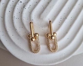 Pendientes en forma de U con circonita de oro de 18 quilates, pendientes llamativos, pendientes de aro en forma de U, pendientes de oro para mujer