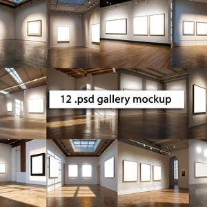 Zestaw makiet ściennych w formacie PSD – ekspozycja fotografii i dzieł sztuki – 12 edytowalnych ramek