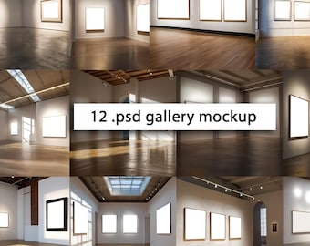 Peut inclure: Une collection de 12 maquettes de galerie .psd présentant des cadres blancs vides sur des murs neutres dans des salles d'exposition spacieuses et lumineuses, avec des sols en bois ou en béton poli et un éclairage sur rail au plafond.