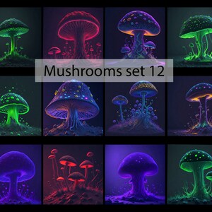 Mushrooms art - Neon style - clothes print - digital illustration