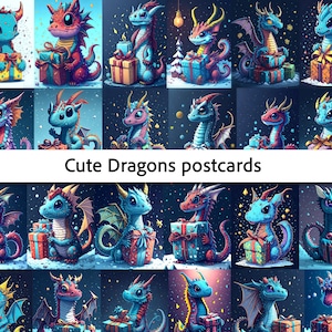 Ilustraciones PNG de dragones lindos: postales navideñas de fantasía: descarga digital