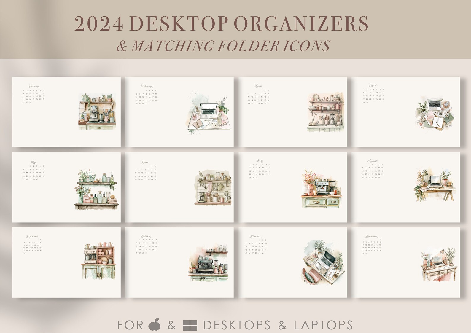 BOHO HYGGE 2024 Desktop Organizer Wallpaper With Folders Custom Desktop ...