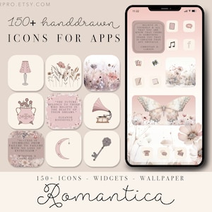 May include: A set of 150+ hand-drawn icons for apps in a romantic style. The icons feature a variety of designs, including flowers, butterflies, lamps, keys, and quotes. The icons are in a soft pink and white color palette. The set also includes widgets and a wallpaper.