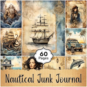 Páginas de diario náutico, efímeras de barcos antiguos, océano imprimible digital, papel de álbum de recortes digital, descarga instantánea A79