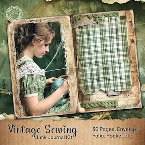 Kit de diario de costura vintage: papel de álbum de recortes imprimible para costureras con hojas de collage de encaje y material efímero para máquina de coser, A73