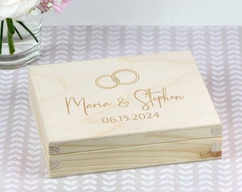 Scatola portafedi personalizzata, scatola portagioielli personalizzata per il giorno del matrimonio, scatola portafedi unica con nomi e data, scatola per doppio anello