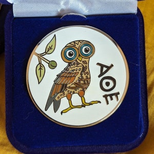 May include: A white and gold round pin featuring a brown owl with blue eyes and a green olive branch. The owl is perched on a branch and the text "AOE" is written in gold on the right side of the pin. The pin is displayed in a blue velvet box.