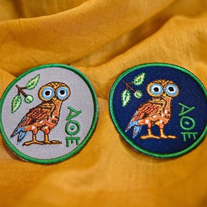 May include: Two round embroidered patches featuring a stylized owl with large eyes and the word "AOE" in green lettering. The owl is brown, orange, and yellow with green accents. The patches are on a brown fabric background.