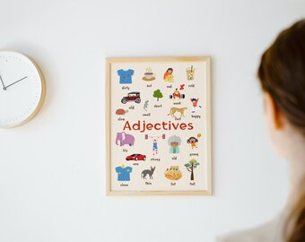 Adjectives Flashcards and Poster | Learn English | SEN | Homeschool Wall Art | Adjective worksheets | Adjectives | English for beginners