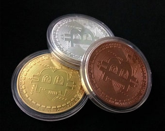 Set of 3 physical real metal Bitcoin cryptocurrencies in protective cases - gold, silver, and copper plated coins|Crypto Gifts.