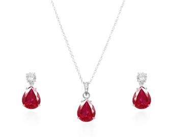 Ruby Pendant and Earring Set: 925 Sterling Silver July Birthstone