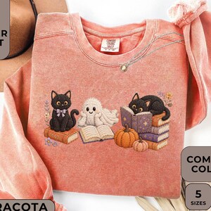 Comfort Colors® Bookish Ghost And Cat Patchwork Halloween Shirt Spooky Season Tee Black Cat Halloween Shirt Book Lover Fall Gift -Only Print