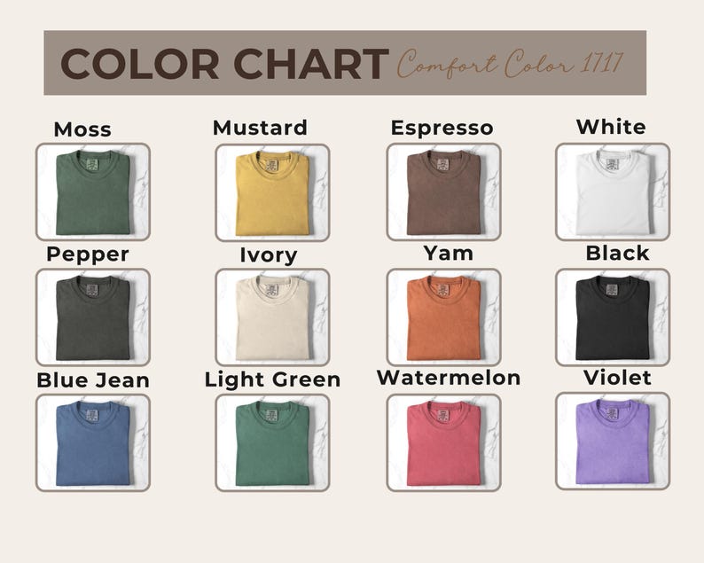 Pu&ograve; includere: Tabella colori con t-shirt Comfort Color 1717 in varie tonalit&agrave;. La tabella mostra magliette in tonalit&agrave; come muschio, senape, espresso, bianco, pepe, avorio, igname, nero, blu jeans, verde chiaro, anguria e viola.