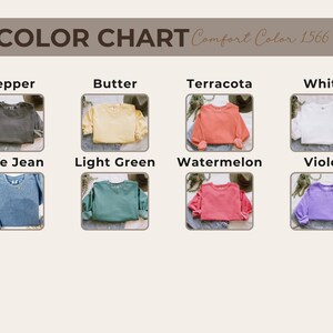 Pu&ograve; includere: Tabella colori con otto diversi colori di felpe: Pepper, Butter, Terracotta, White, Blue Jean, Light Green, Watermelon e Violet. Viene visualizzato anche il testo "Comfort Color 1566".