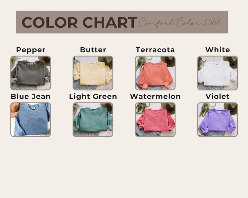Pu&ograve; includere: Tabella colori con otto diversi colori di felpe: Pepper, Butter, Terracotta, White, Blue Jean, Light Green, Watermelon e Violet. Viene visualizzato anche il testo "Comfort Color 1566".