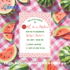 Invitation numérique à une fête pastèque modifiable sur Canva, téléchargement instantané, anniversaire d'été, fille, imprimable, personnalisée