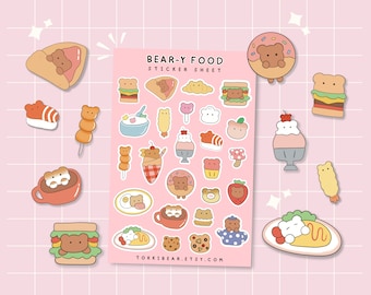 Cute Bear Foods Sticker Sheet | For Water Bottles Laptops Bullet Journal Planners Notebooks Scrapbooks Vinyl Decal | Kawaii Stationery Gift