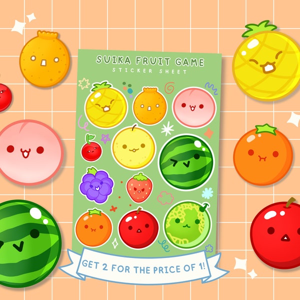 Suika Fruit Watermelon Game Sticker Sheet (BOGO) | For Water Bottles Laptops Bullet Journal Planners Notebooks Scrapbook | Kawaii Stationery
