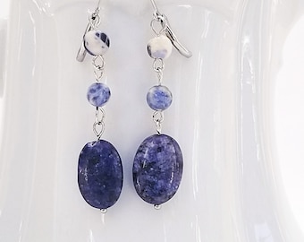 Natural Blue Sodalite 3-tier drop earrings, Navy Gemstone Dangle Earrings, Boho style, Calming Crystal, Gift for Her