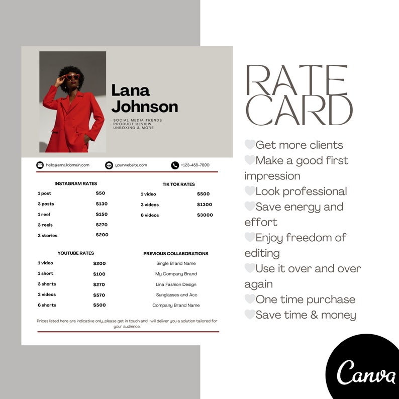 Editable Rate Card Template for Influencers Instagram Tiktok Rate Card Rate Sheet Modern Rate