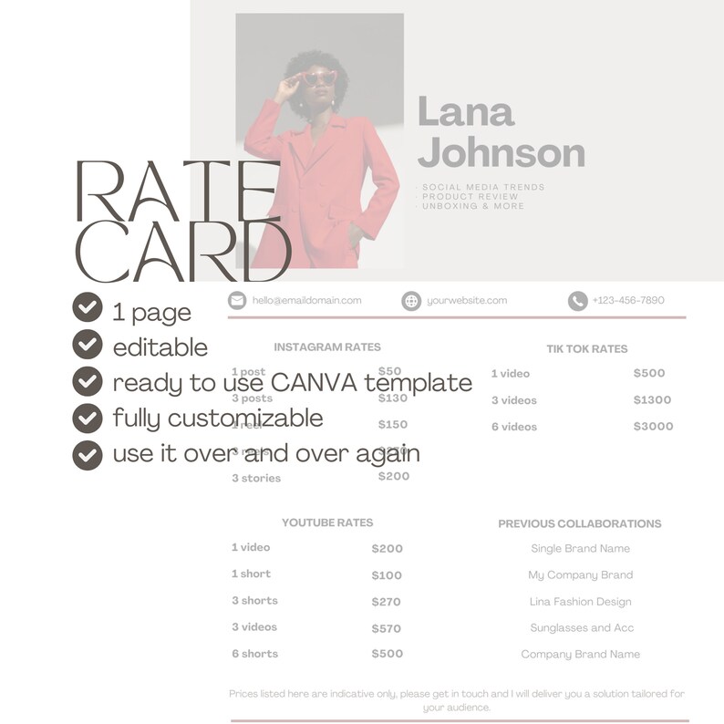 Editable Rate Card Template for Influencers Instagram Tiktok Rate Card Rate Sheet Modern Rate